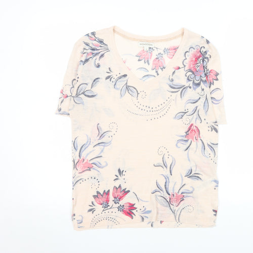 Monsoon Womens Beige Floral V-Neck Short Sleeve T-Shirt M