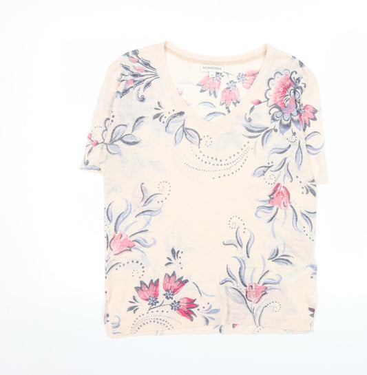 Monsoon Womens Beige Floral V-Neck Short Sleeve T-Shirt M