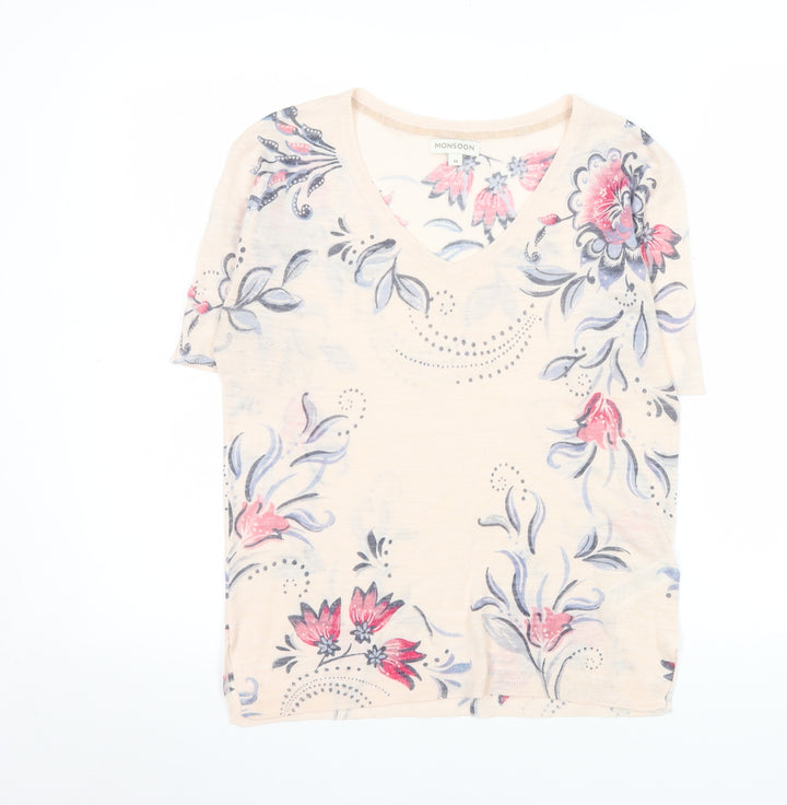 Monsoon Womens Beige Floral V-Neck Short Sleeve T-Shirt M