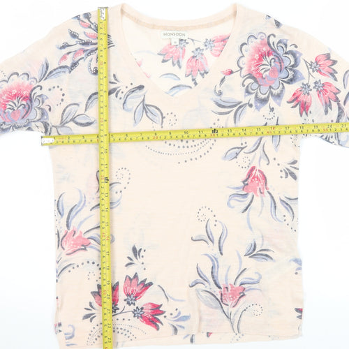 Monsoon Womens Beige Floral V-Neck Short Sleeve T-Shirt M
