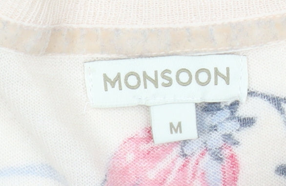 Monsoon Womens Beige Floral V-Neck Short Sleeve T-Shirt M
