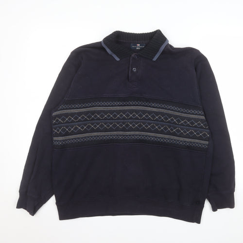 Marks and Spencer Men's Navy Fair Isle Collared Henley Sweatshirt Medium