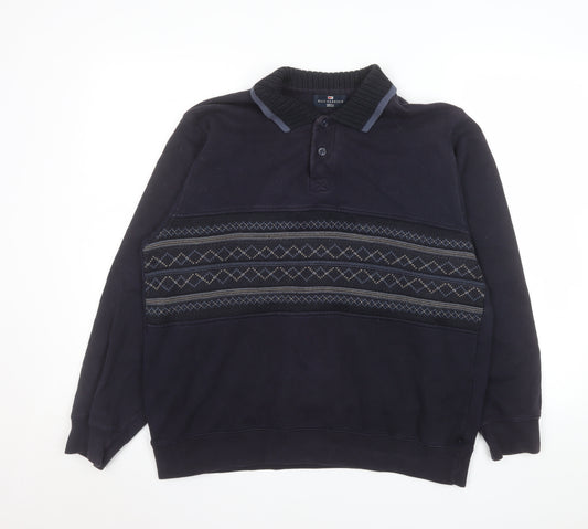 Marks and Spencer Men's Navy Fair Isle Collared Henley Sweatshirt Medium