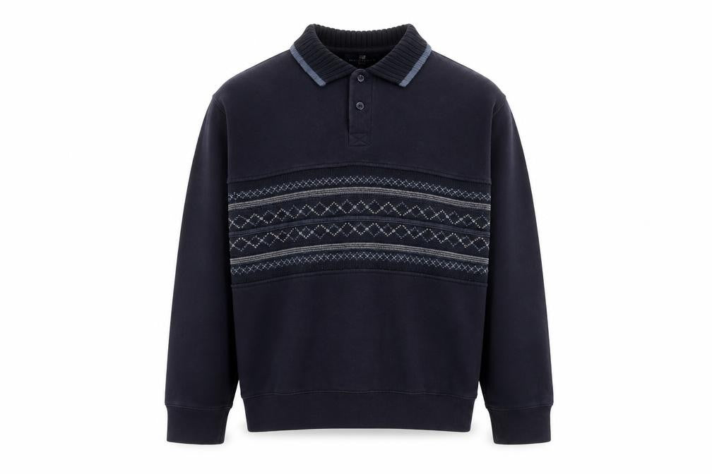 Front view of Marks & Spencer Men's Navy Fair Isle Collared Henley Sweatshirt Medium