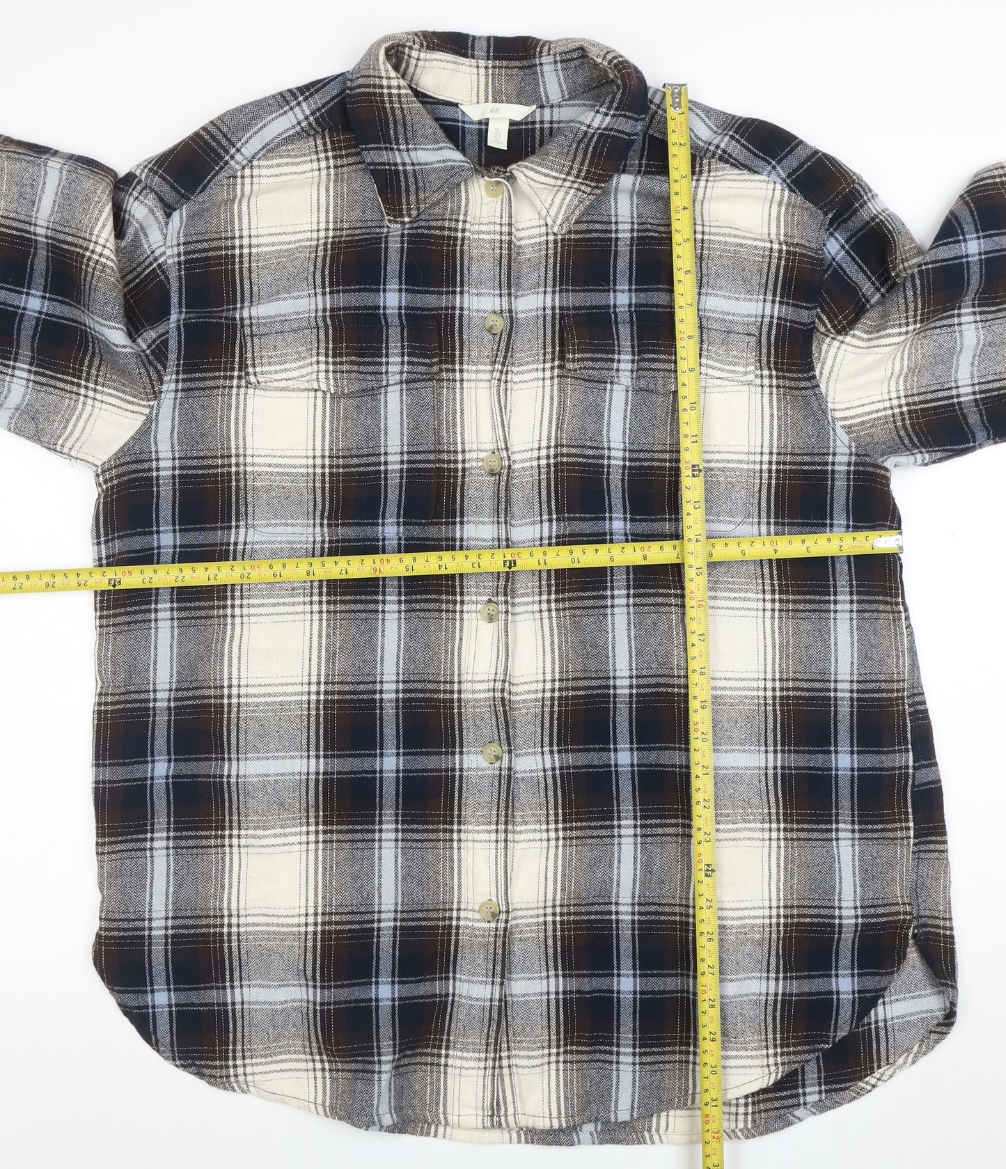 H&M Men's Brown Plaid Flannel Button-Up Shirt Long Sleeve L