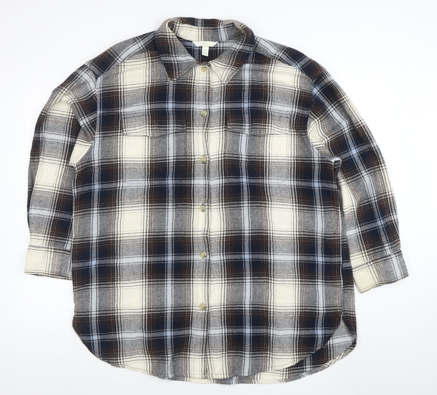 H&M Men's Brown Plaid Flannel Button-Up Shirt Long Sleeve L