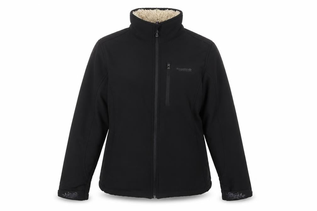 Front view of Regatta women’s black softshell jacket, size UK 12, water resistant
