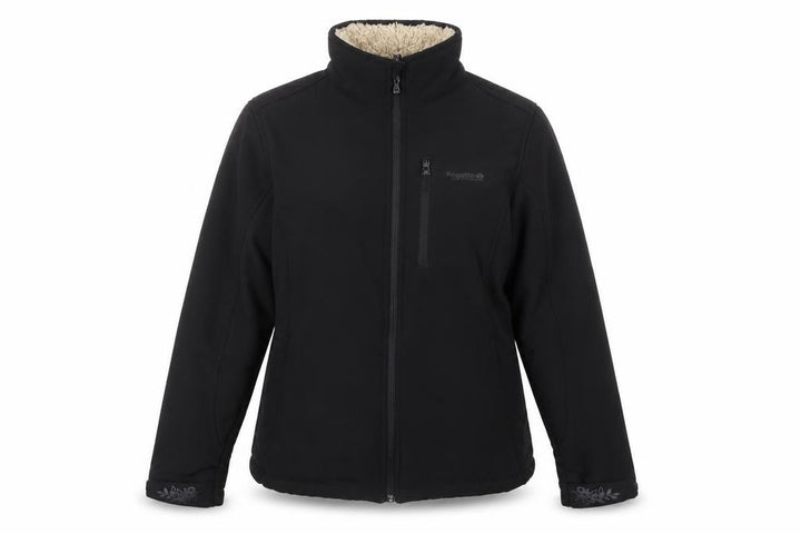 Front view of Regatta women’s black softshell jacket, size UK 12, water resistant