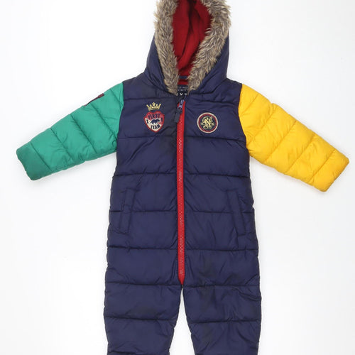 Next Unisex Baby Colourblock Navy Puffer Snowsuit 12-18 Months Hooded Fur Trim