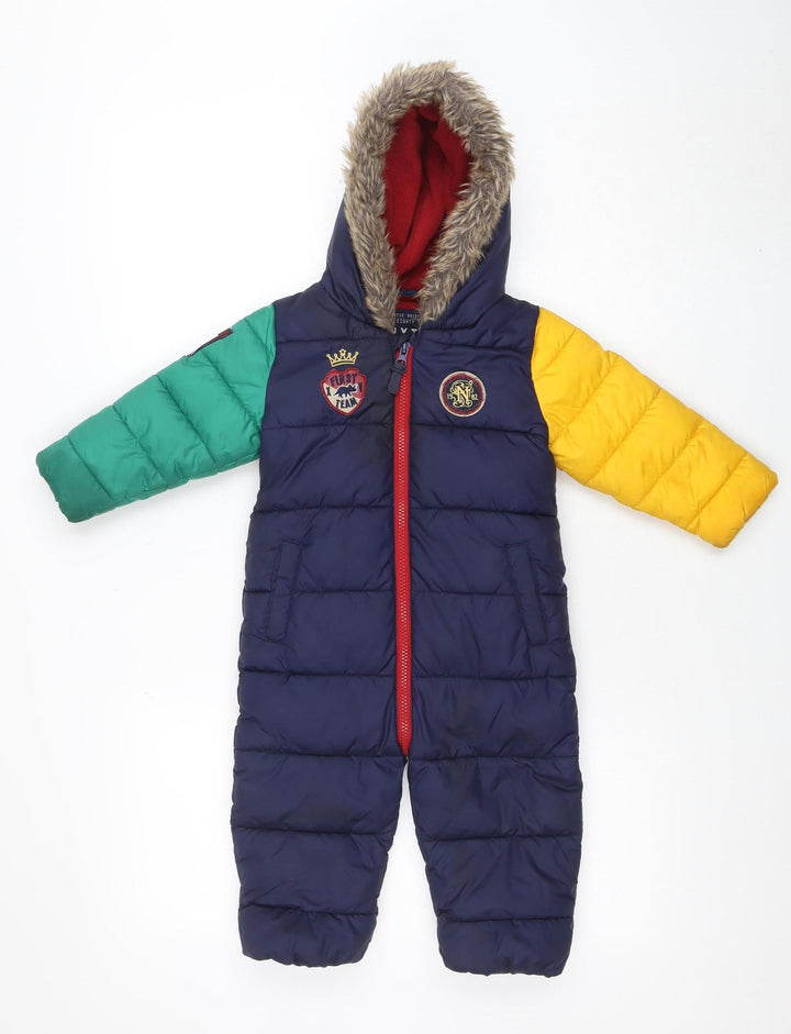 Next Unisex Baby Colourblock Navy Puffer Snowsuit 12-18 Months Hooded Fur Trim
