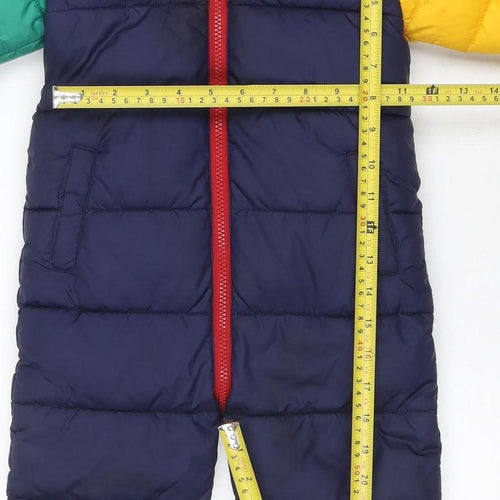 Next Unisex Baby Colourblock Navy Puffer Snowsuit 12-18 Months Hooded Fur Trim