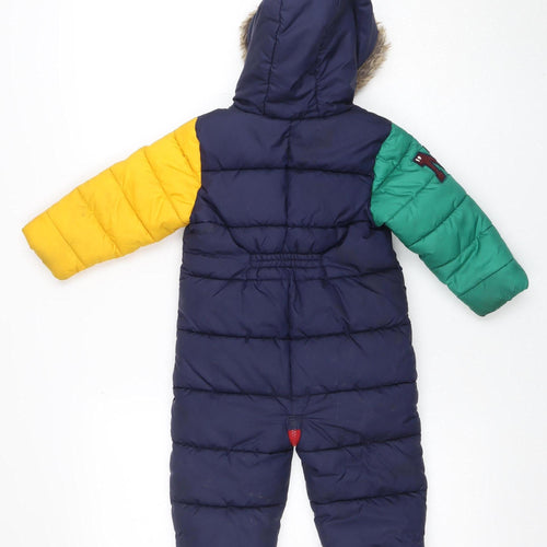 Next Unisex Baby Colourblock Navy Puffer Snowsuit 12-18 Months Hooded Fur Trim