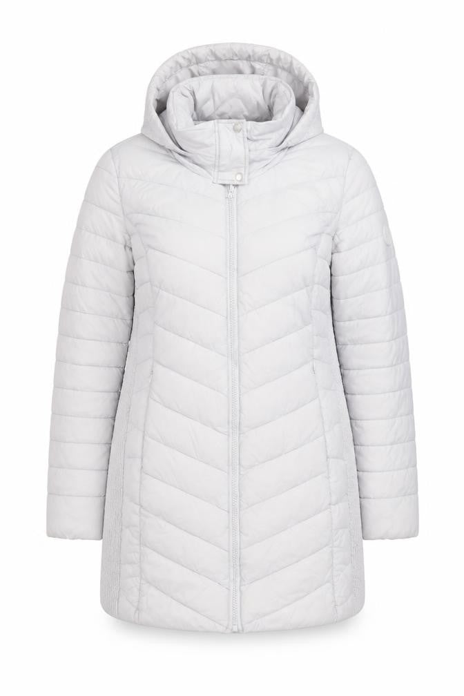 Front view of Seraphine women’s grey 12 hooded quilted puffer jacket