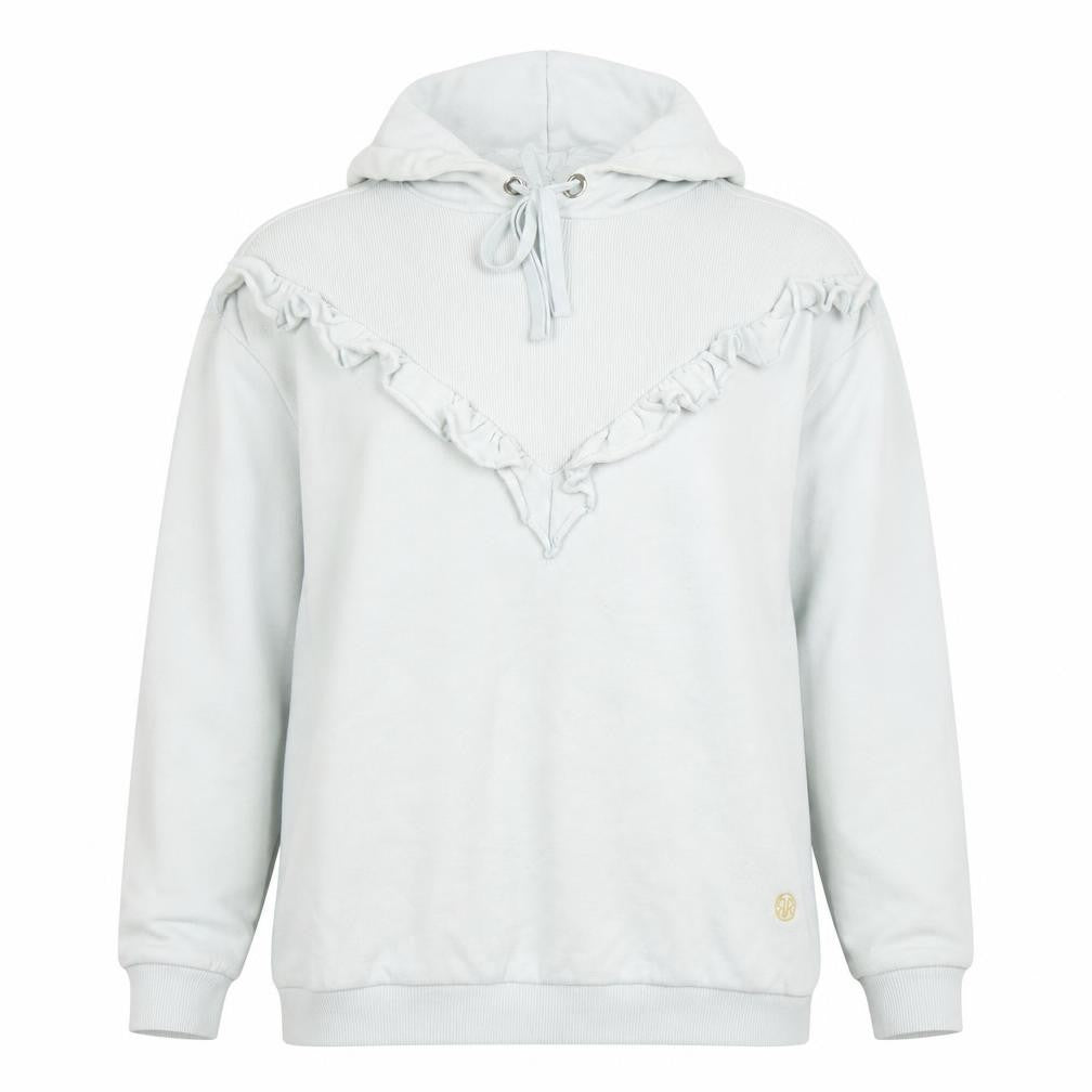 Front view of River Island women’s light blue ruffle pullover hoodie xs