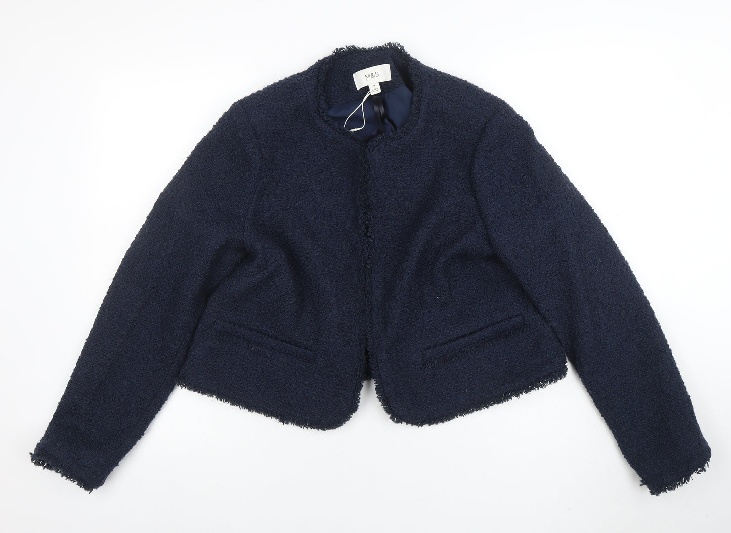 Marks and Spencer Women's Blue Tweed Collarless Lined Jacket Size 14