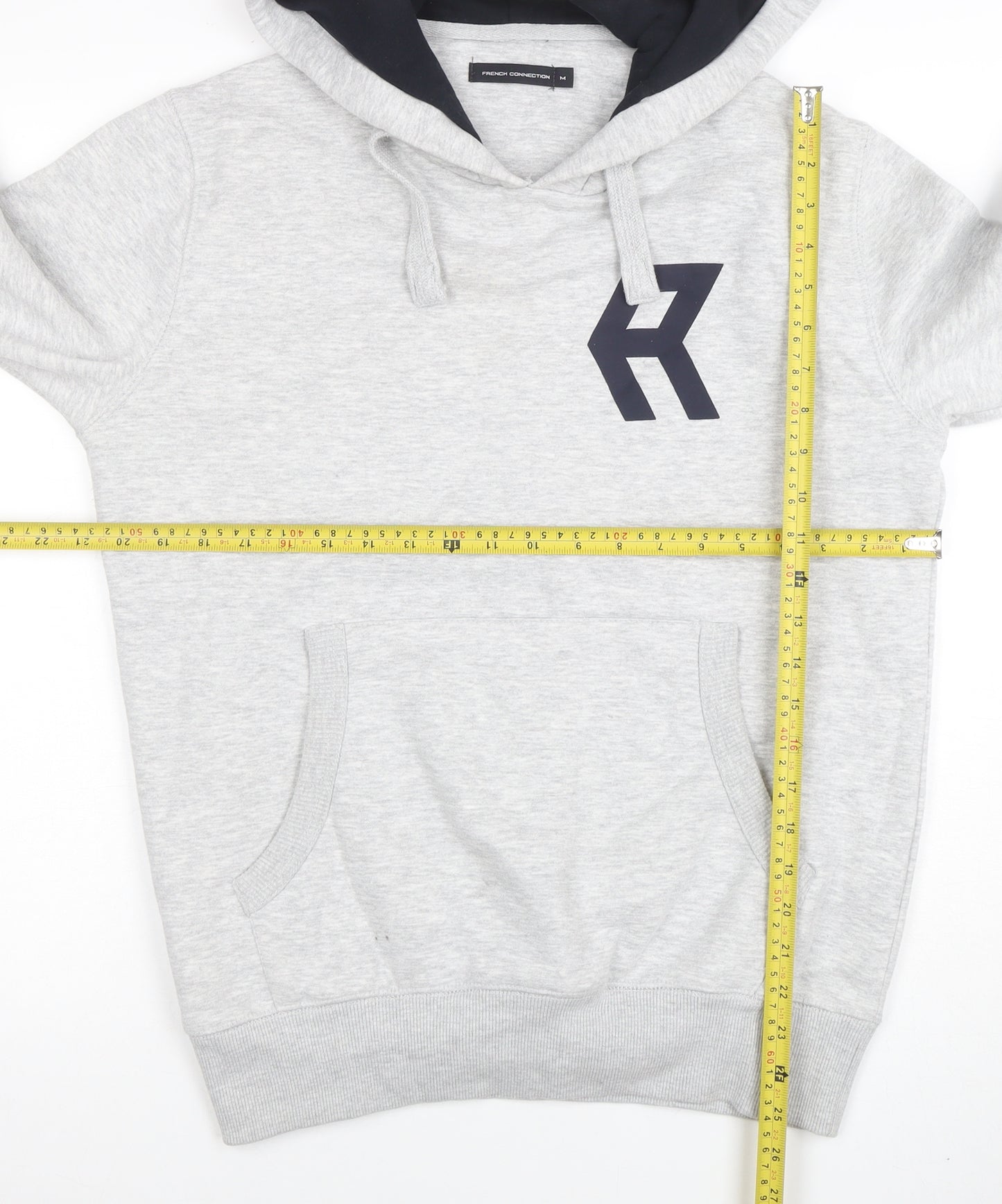 French Connection Men's Grey Pullover Hoodie M Logo Cotton Blend