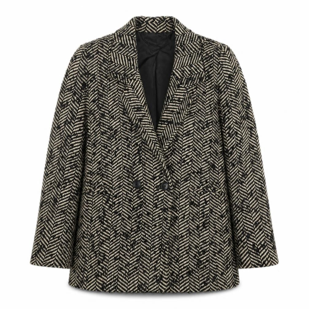 Front view of Mango Women's Black Wool Blend Herringbone Blazer, size 12