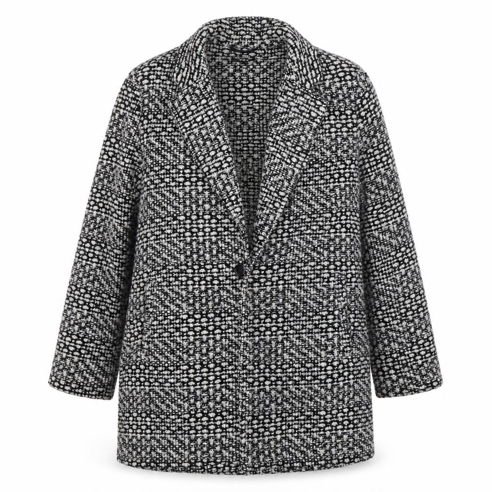 Front view of Therapy Women’s Grey Tweed Mid-Length Overcoat, size UK 14