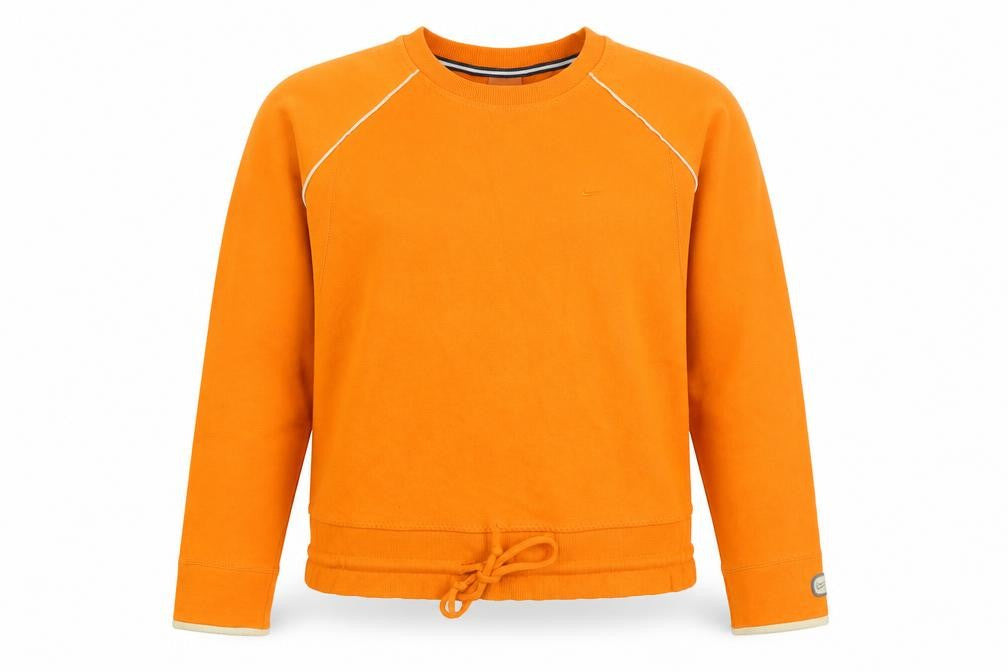 Front view of Nike Women Orange Long Sleeve Crew Neck Pullover Sweatshirt, size M