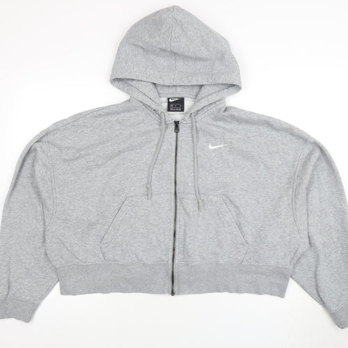 Nike Women Grey Full Zip Hoodie M Cotton Blend Logo Sportswear