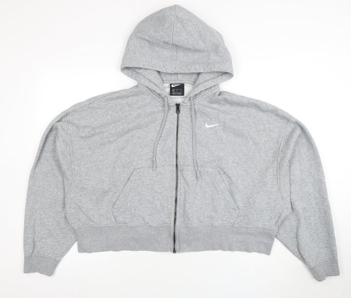 Nike Women Grey Full Zip Hoodie M Cotton Blend Logo Sportswear