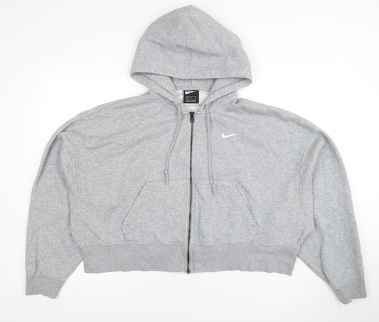 Nike Women Grey Full Zip Hoodie M Cotton Blend Logo Sportswear