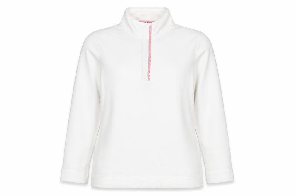 Front view of Love Leisure Women's White, size 10, Half Zip Fleece Sweatshirt