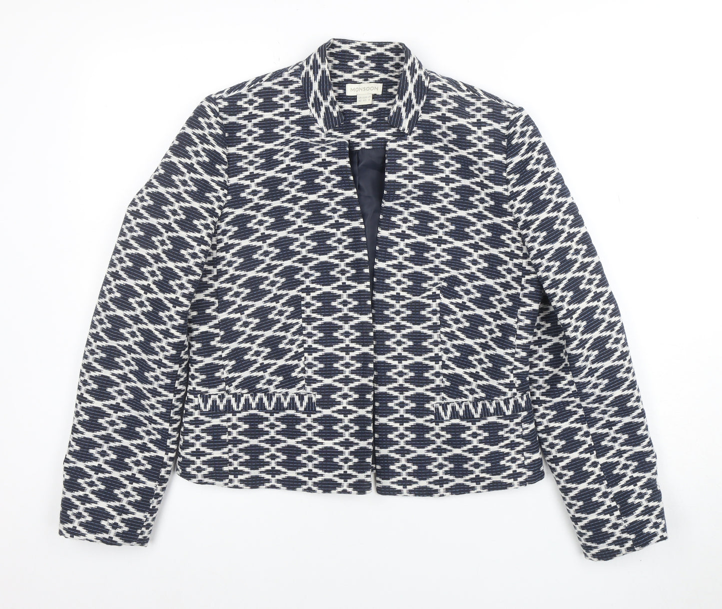 Monsoon Women's Blue Geometric Pattern Blazer Jacket Size 12
