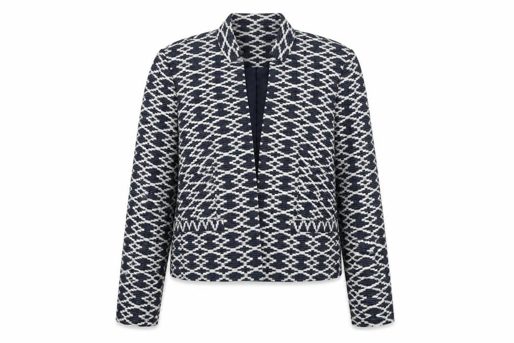 Front view of Monsoon Women's Blue Geometric Pattern Blazer Jacket, size 12