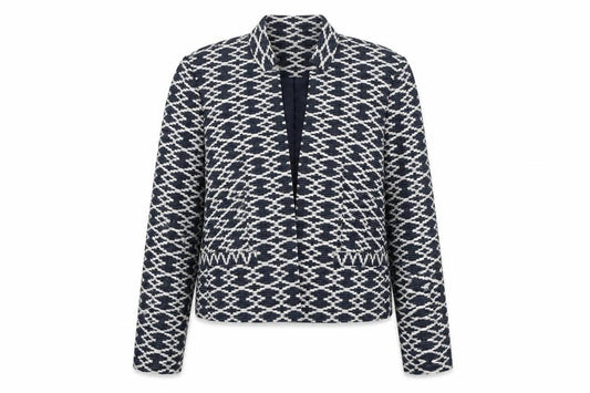 Front view of Monsoon Women's Blue Geometric Pattern Blazer Jacket, size 12
