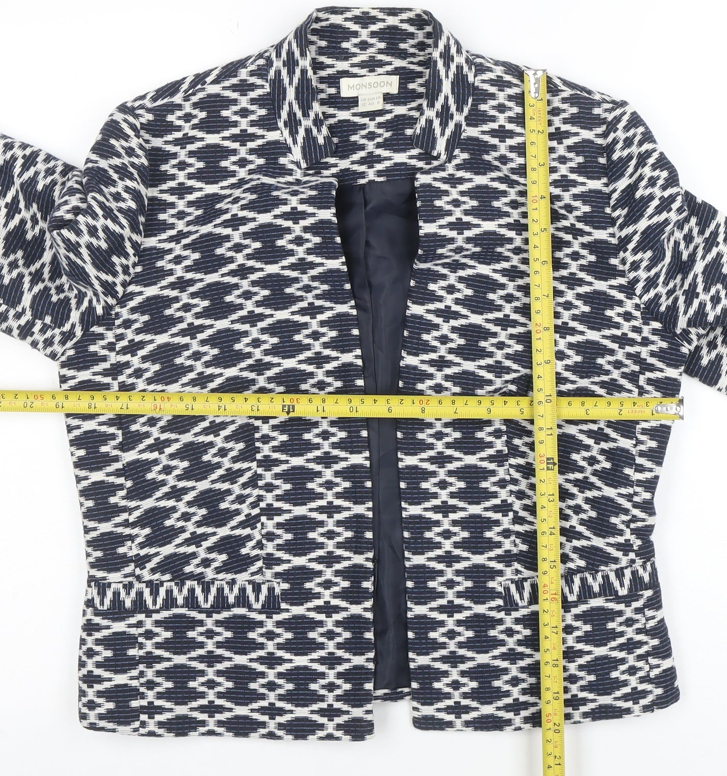 Monsoon Women's Blue Geometric Pattern Blazer Jacket Size 12