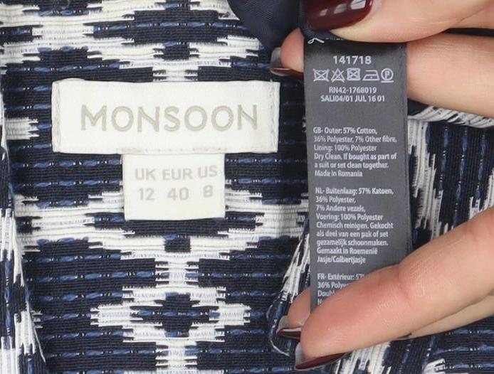 Monsoon Women's Blue Geometric Pattern Blazer Jacket Size 12