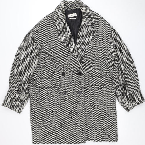 Mango Women’s Black Herringbone Wool Blend Mid-Length Coat Size M