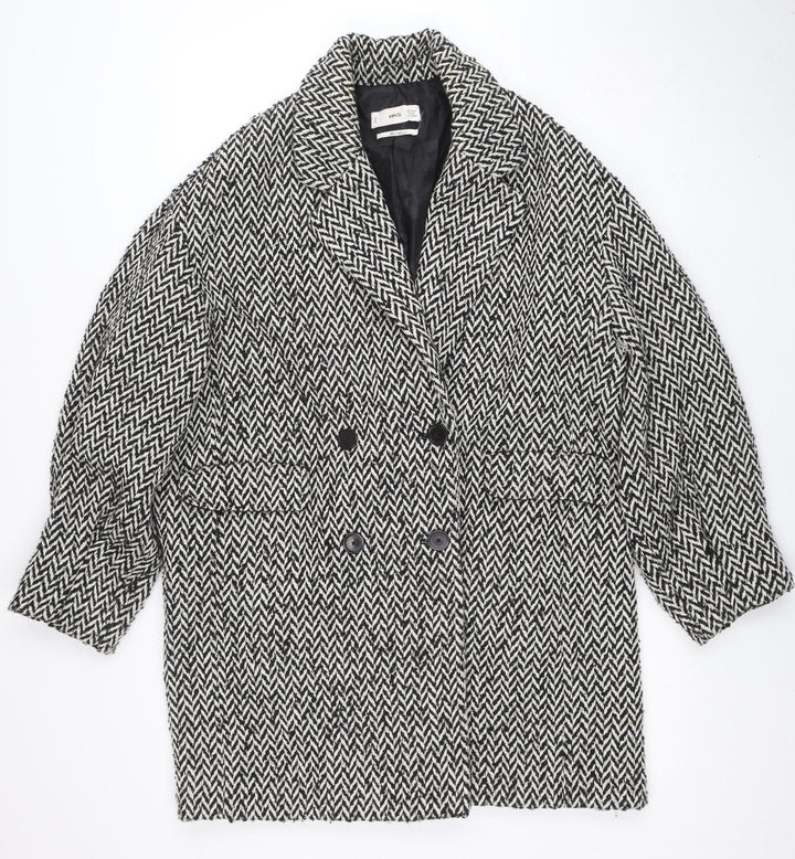 Mango Women’s Black Herringbone Wool Blend Mid-Length Coat Size M