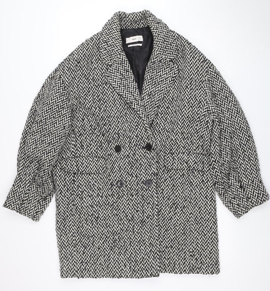 Mango Women’s Black Herringbone Wool Blend Mid-Length Coat Size M