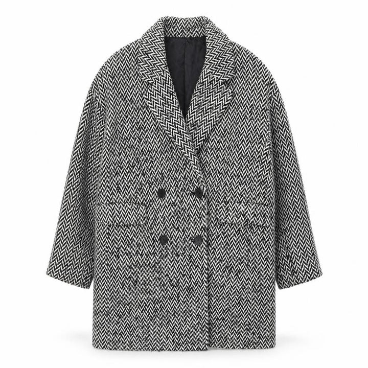 Mango Women’s Black Herringbone Wool Blend Mid-Length Coat Size M