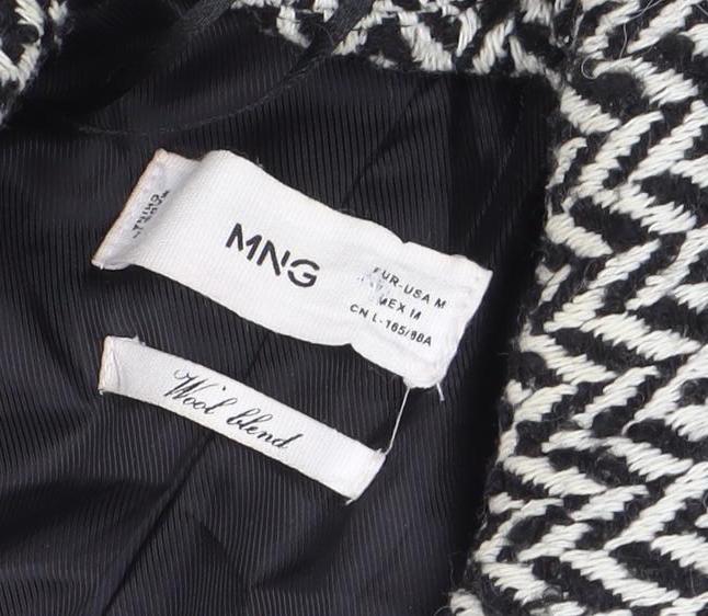 Mango Women’s Black Herringbone Wool Blend Mid-Length Coat Size M