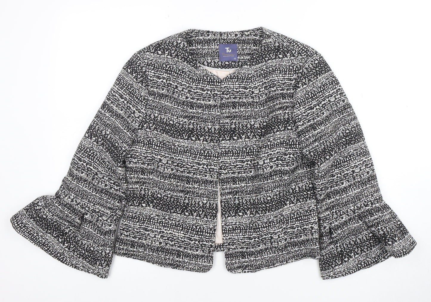 Tu Women Black & White Bouclé Cropped Jacket Size 12 Lined Bell Sleeve