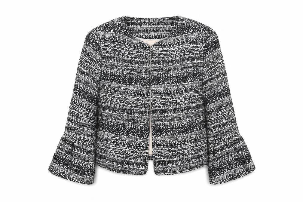 Front view of Tu Women Black & White Bouclé Cropped Jacket, size 12, Lined Bell Sleeve