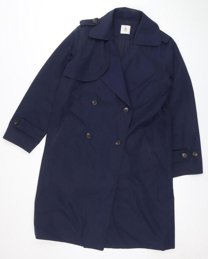 TU Women’s Blue Trench Coat Size S Long Double Breasted Classic Style
