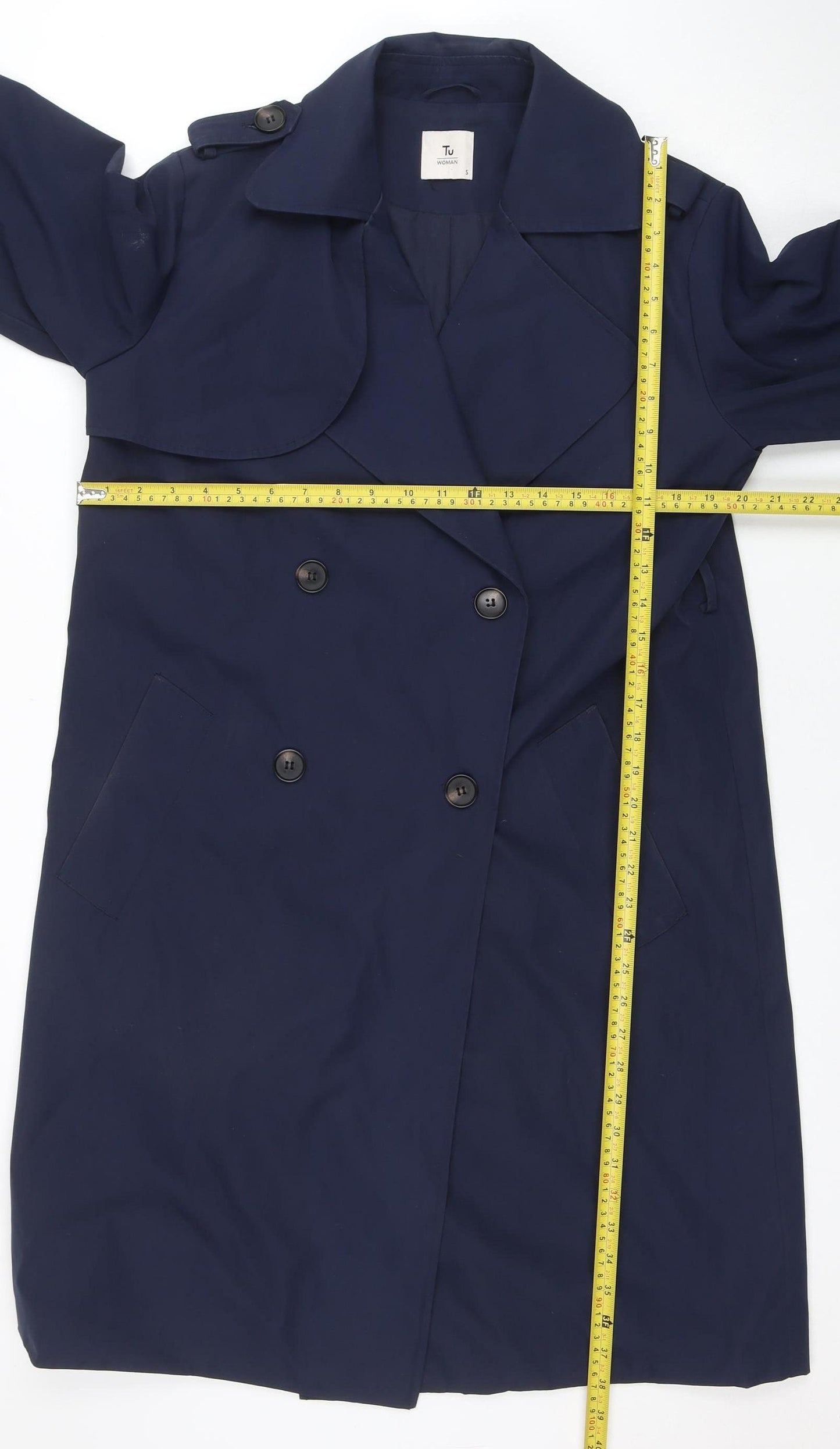 TU Women’s Blue Trench Coat Size S Long Double Breasted Classic Style