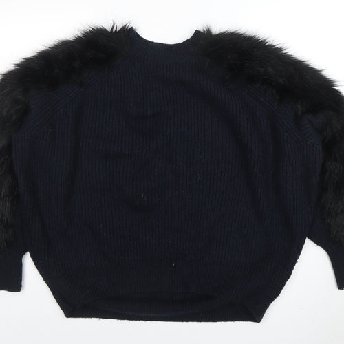 H&M Women’s Black Faux Fur Trim Knit Jumper Size M