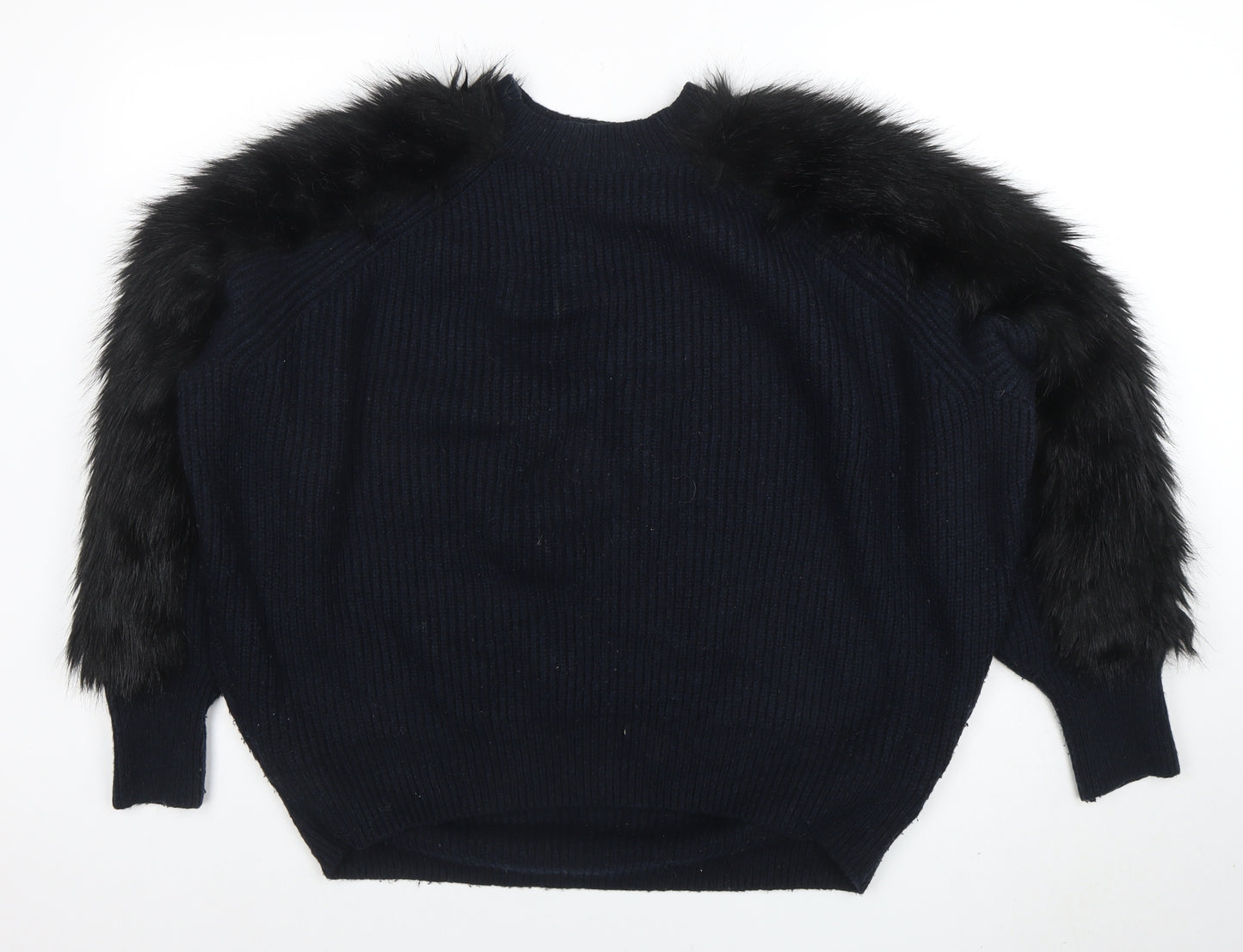 H&M Women’s Black Faux Fur Trim Knit Jumper Size M