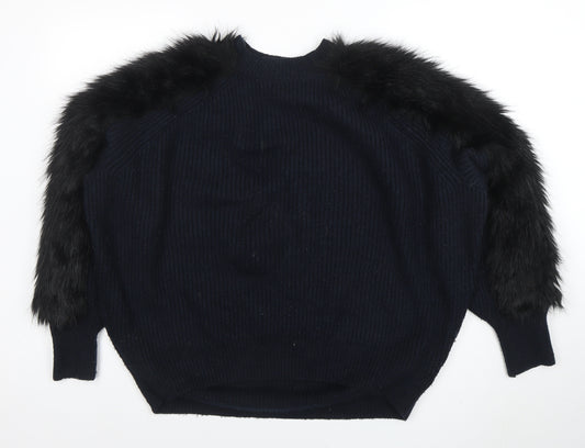 H&M Women’s Black Faux Fur Trim Knit Jumper Size M
