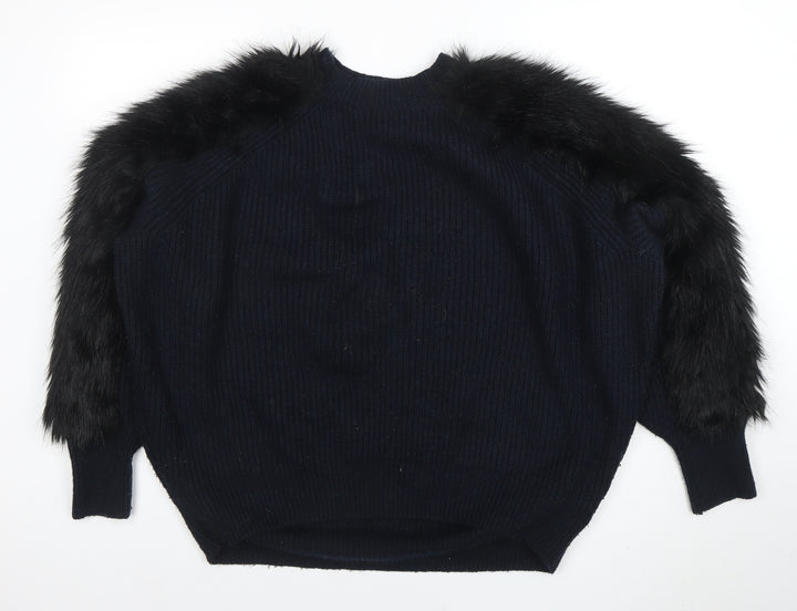 H&M Women’s Black Faux Fur Trim Knit Jumper Size M