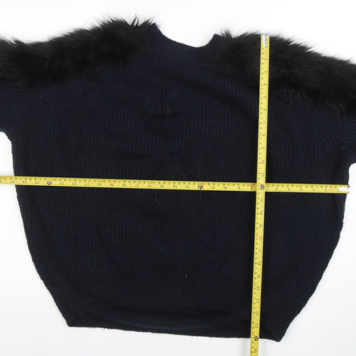 H&M Women’s Black Faux Fur Trim Knit Jumper Size M