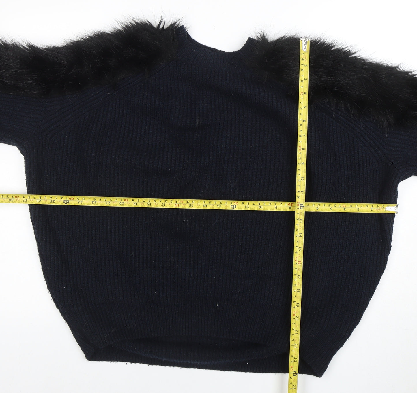H&M Women’s Black Faux Fur Trim Knit Jumper Size M