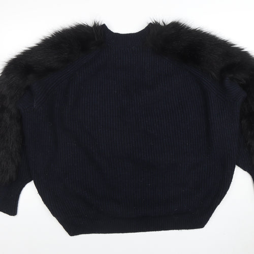 H&M Women’s Black Faux Fur Trim Knit Jumper Size M