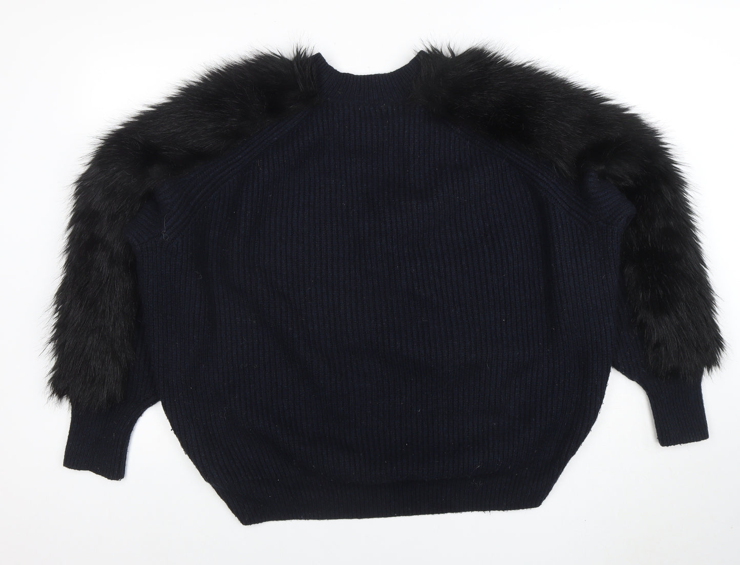H&M Women’s Black Faux Fur Trim Knit Jumper Size M