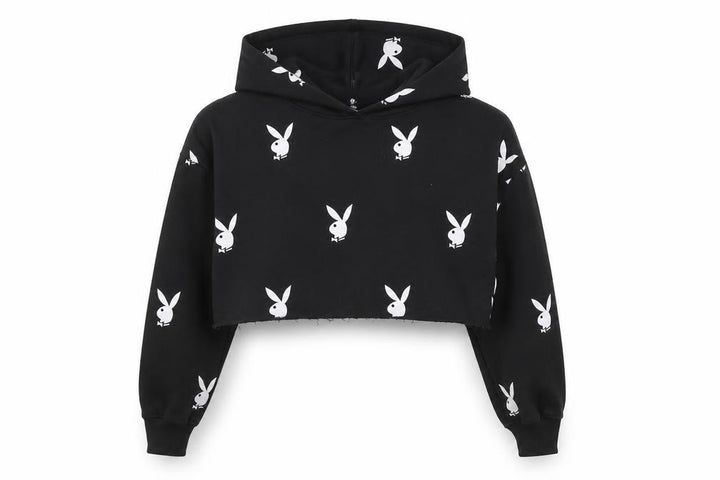 Playboy x Missguided Womens Black Cropped Hoodie UK 10 Hooded Pullover